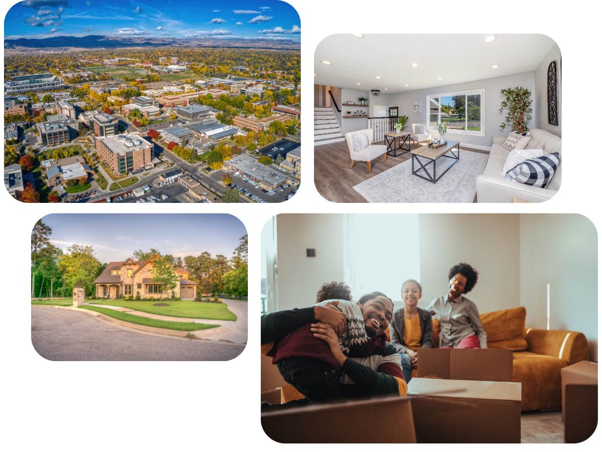 collage of Fort Collins, home exterior and interior and a happy family moving in to their new home