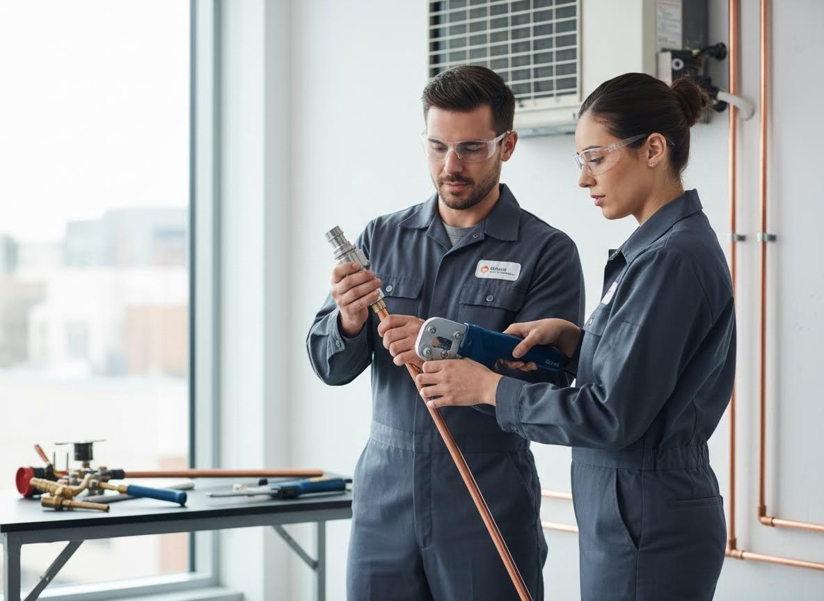 Two skilled plumbing technicians collaborating on copper pipe installation