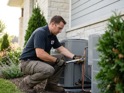 A technician in safety glasses and work gloves tightens a copper pipe on an outdoor air conditioning unit with a wrench, beside a house. HVAC Technician Repairing Outdoor AC Unit