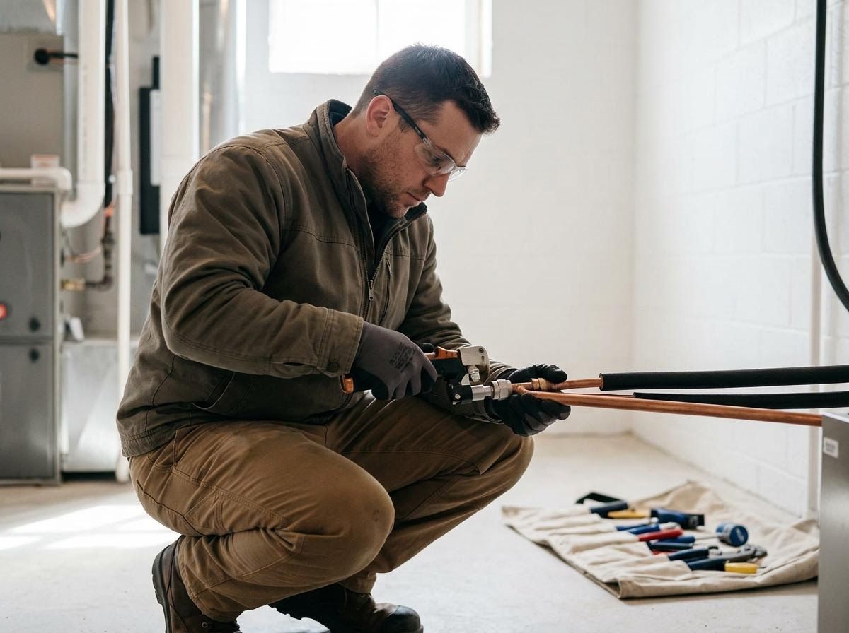 Technician working on copper pipes