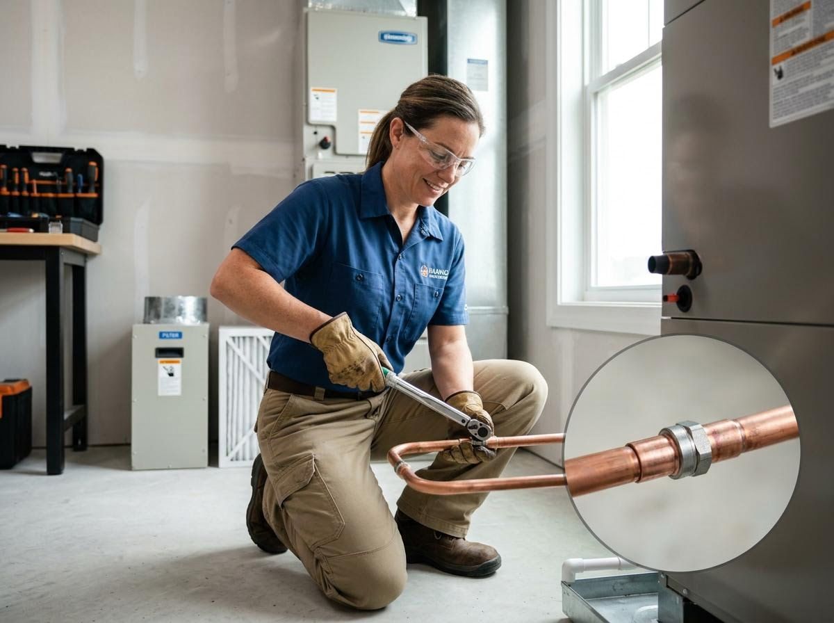 HVAC Technician Working on Copper Piping