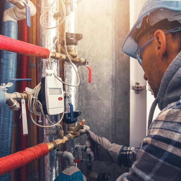 A contractor looking at the piping on a hvac system