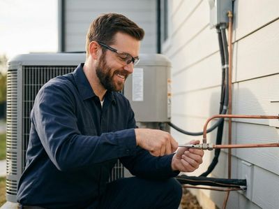 A cheerful male technician in safety glasses is crouching, repairing copper pipes next to an outdoor air conditioning unit. Smiling HVAC technician working on outdoor unit