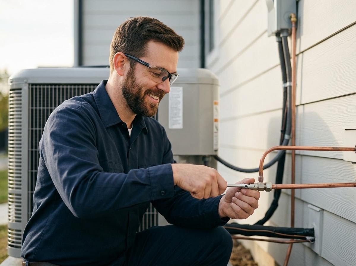 Smiling HVAC technician working on outdoor unit
