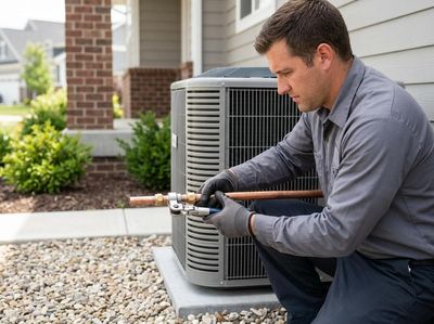 A professional HVAC technician in uniform and gloves kneels, working on the copper piping of an outdoor air conditioning unit. HVAC Technician Servicing Outdoor AC Unit