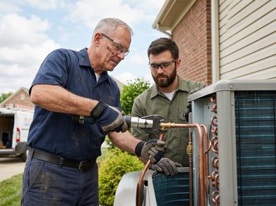 Two HVAC technicians working on an outdoor air conditioning unit