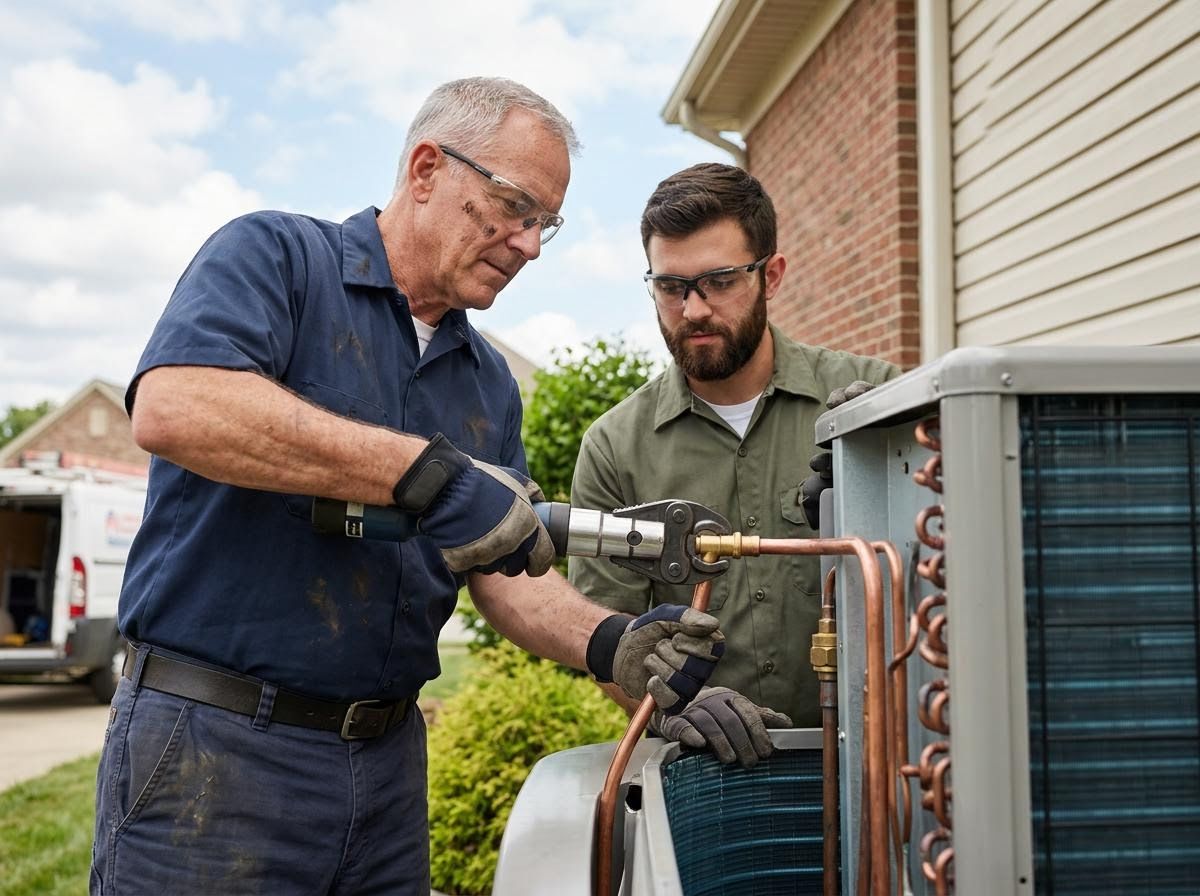 Two HVAC technicians working on an outdoor air conditioning unit