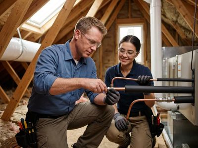 A male technician connects copper pipes while a female technician assists, both wearing safety glasses, working on an HVAC unit in a dusty attic. HVAC technicians installing unit in an attic