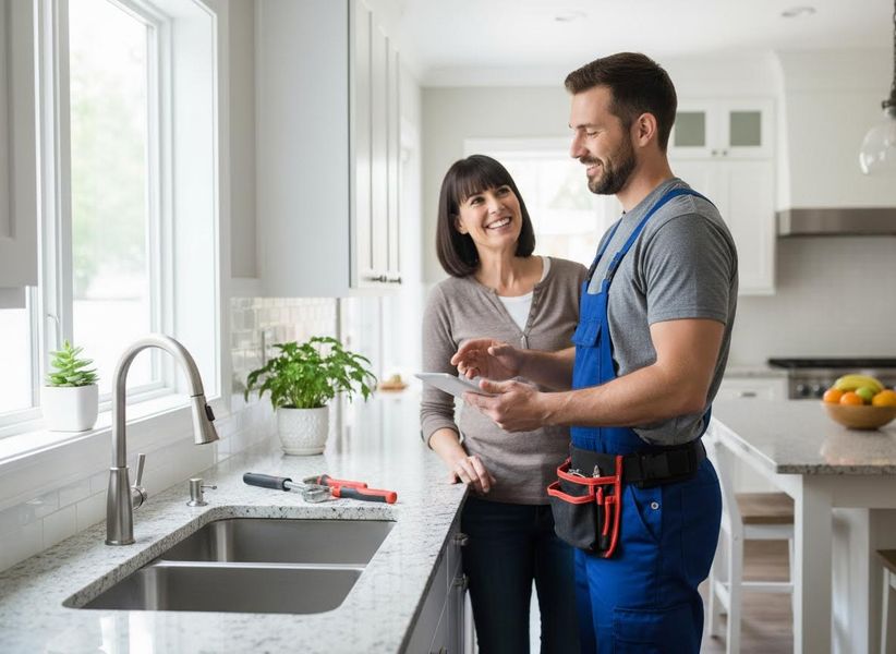 plumber talking to a homeowner in a kitchen