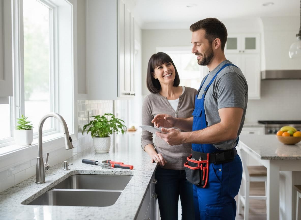 plumber talking to a homeowner in a kitchen