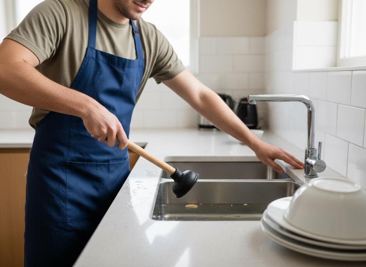 a person holding a plunger beside a clogged kitchen sink 