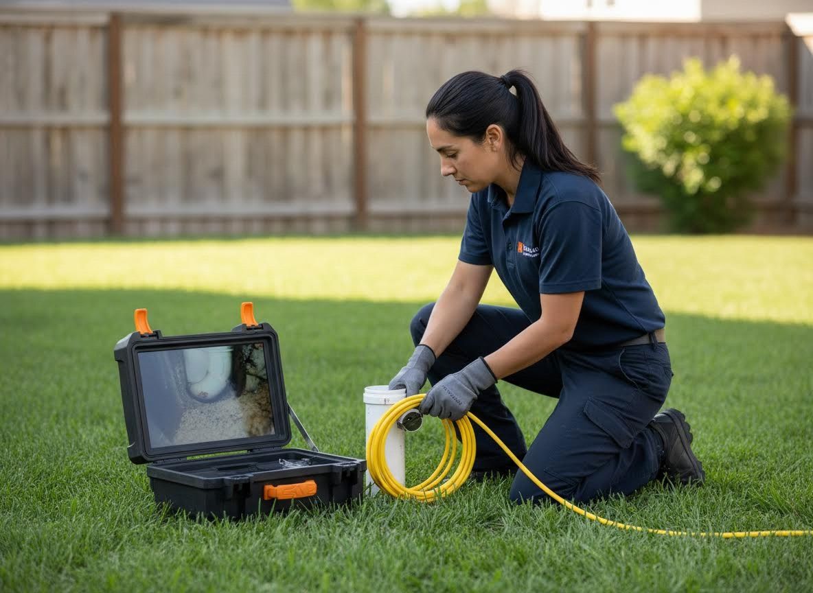 A professional plumber in a uniform kneeling on a green residential lawn, feeding a bright yellow camera cable into a white PVC pipe cleanout. A rugged portable monitor next to them displays the interior view of a sewer line.