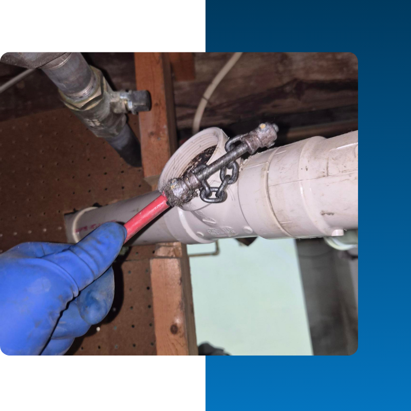 A hand wearing a blue nitrile glove holds a red plumbing snake cable with a metal chain-knocker attachment positioned near an open PVC drain pipe cleanout.