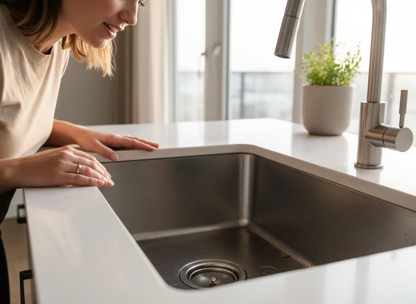 A close-up of a kitchen sink drain with a tiny air bubble rising, showing the subtle early sign of a slow drain.