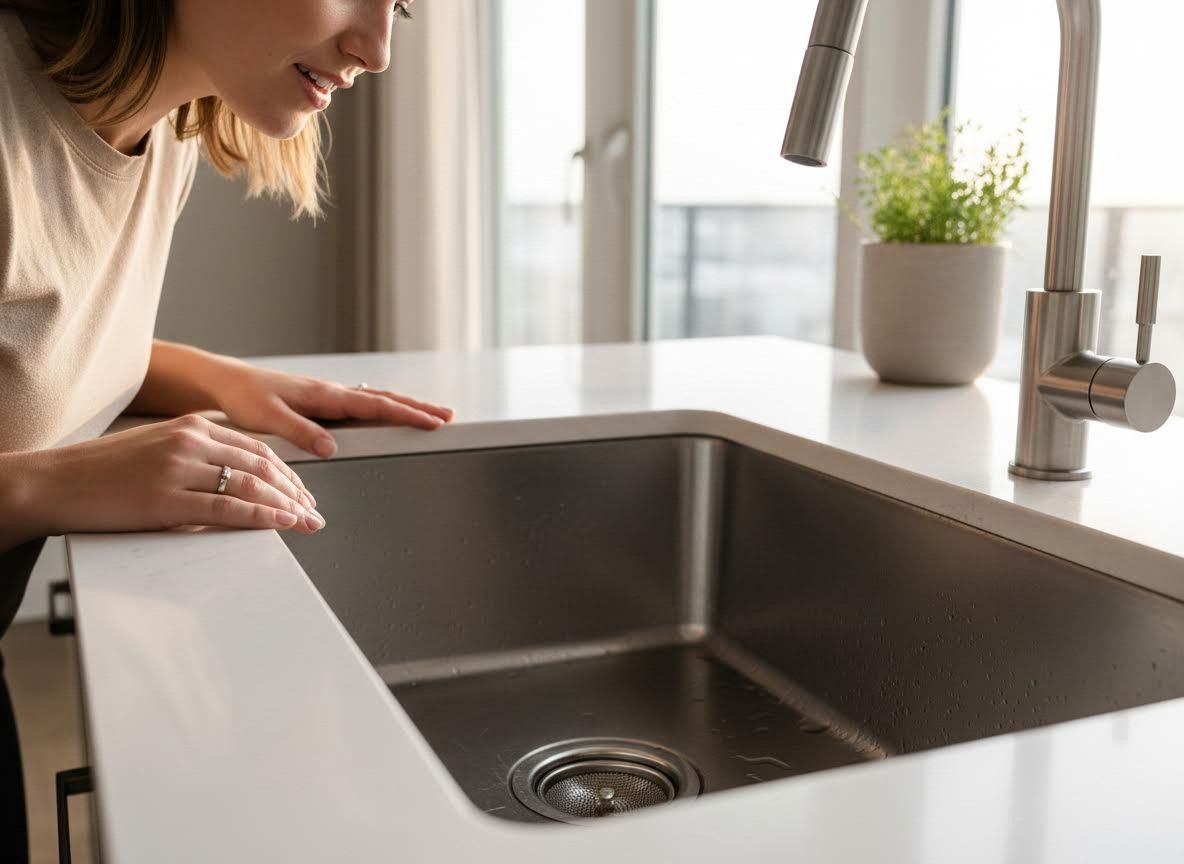 A close-up of a kitchen sink drain with a tiny air bubble rising, showing the subtle early sign of a slow drain.