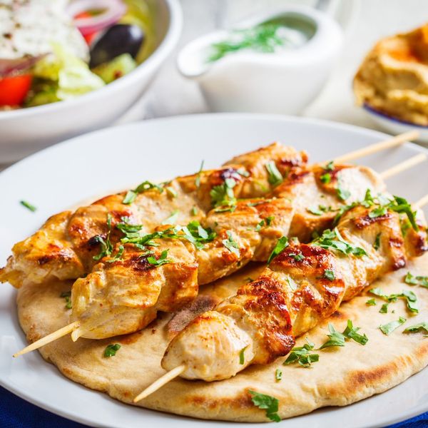 chicken kabobs on naan