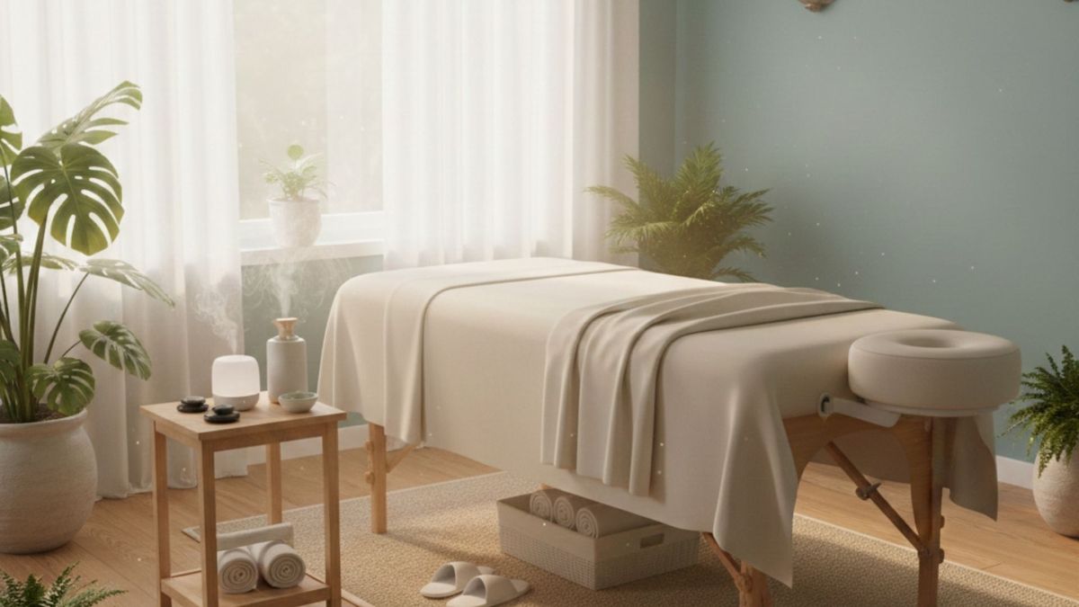 A clean, well-lit, and peaceful massage therapy room with a treatment table ready for a client.
