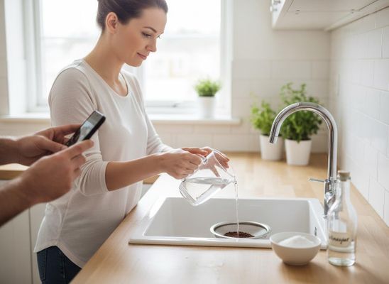 A woman in a bright kitchen pours water from a jug to rinse seeds in a sieve in the sink. Another person's hands hold a smartphone. Woman rinsing seeds in a modern kitchen while someone uses a smartphone