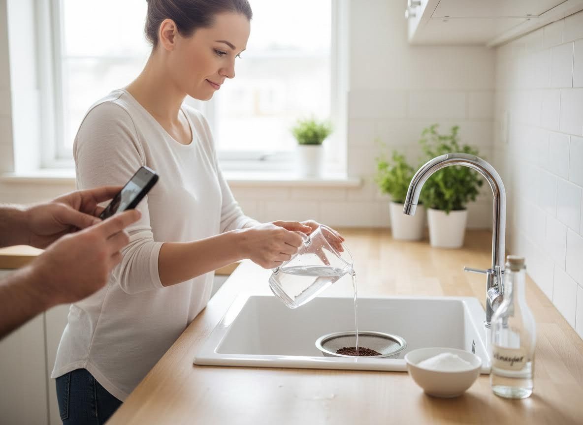 Woman rinsing seeds in a modern kitchen while someone uses a smartphone