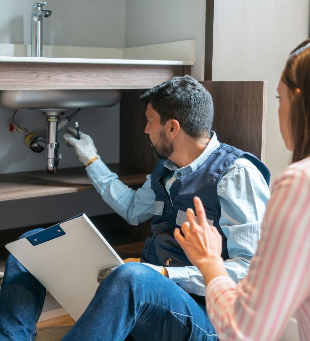 A plumber inspecting a sink while talking to a client