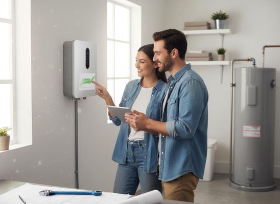 A smiling couple dressed in denim reviews energy savings on a wall-mounted smart display while the man holds a tablet. A water heater is in the background. Couple reviews energy savings on a smart home display