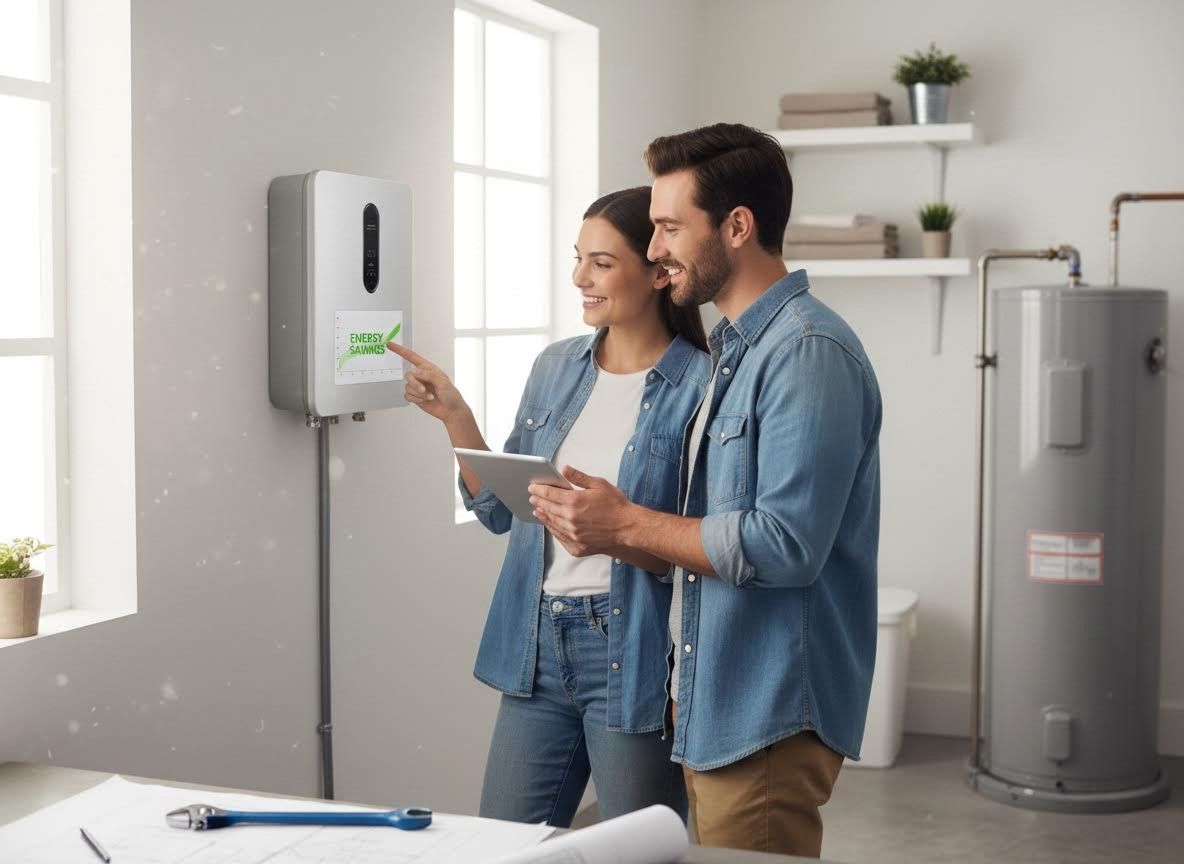 Couple reviews energy savings on a smart home display