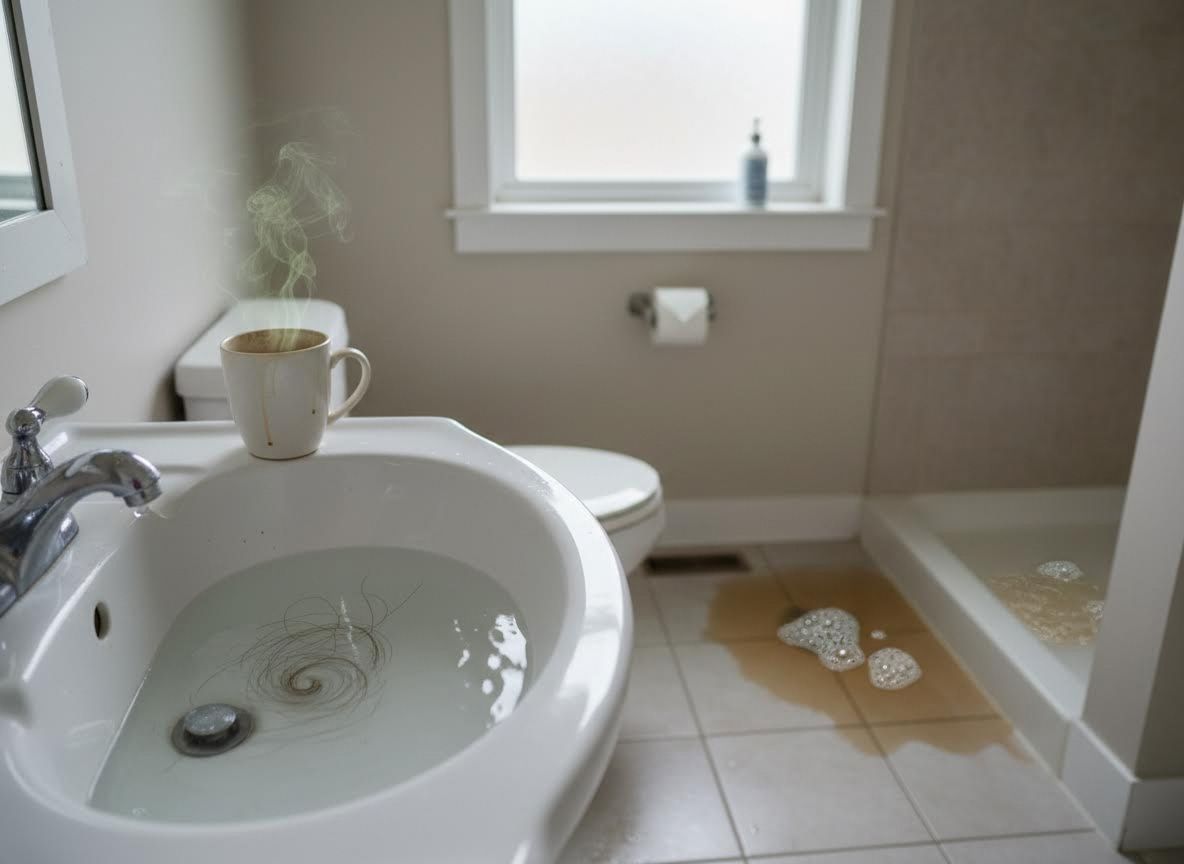 Bathroom with overflowing sink and dirty water