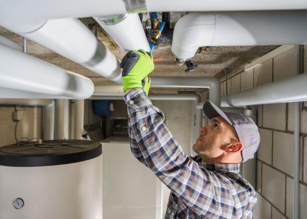 A plumber looking at sewer lines in a house's basement