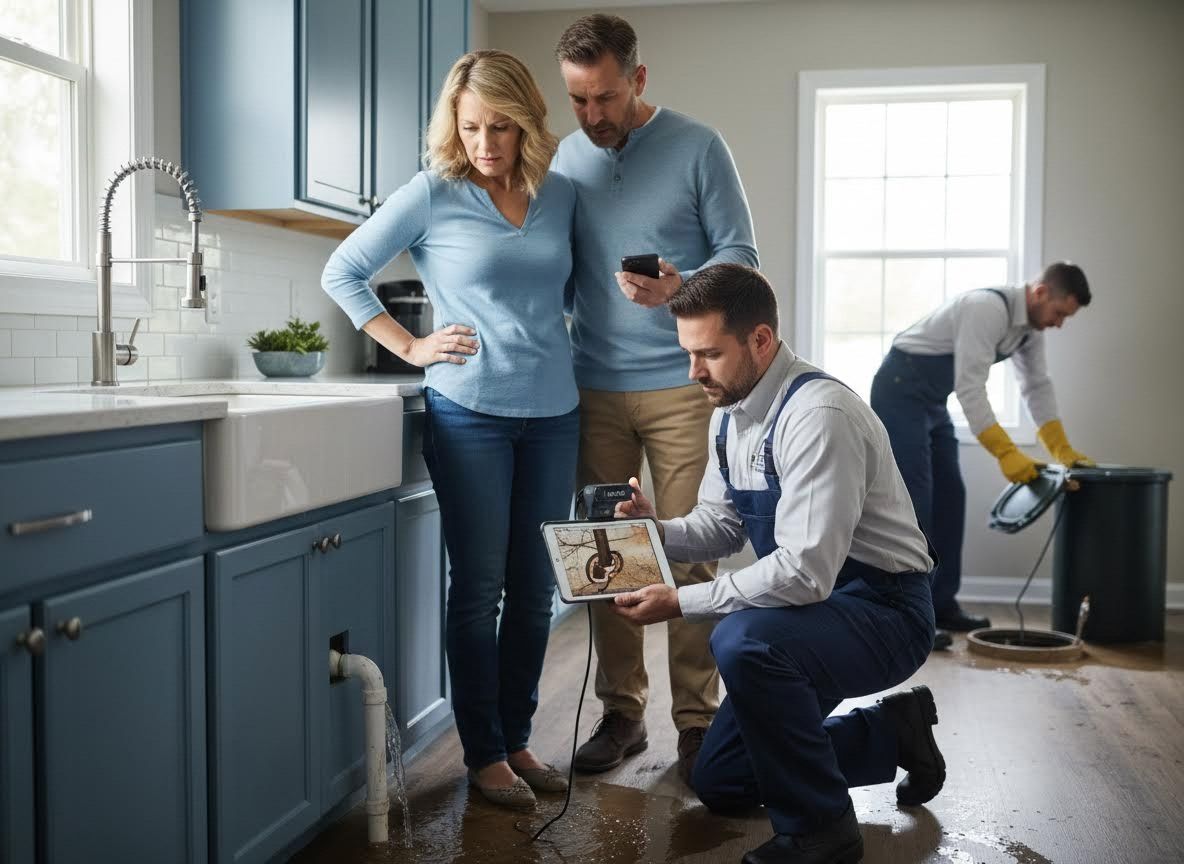 Plumbers inspecting kitchen water leak with homeowners
