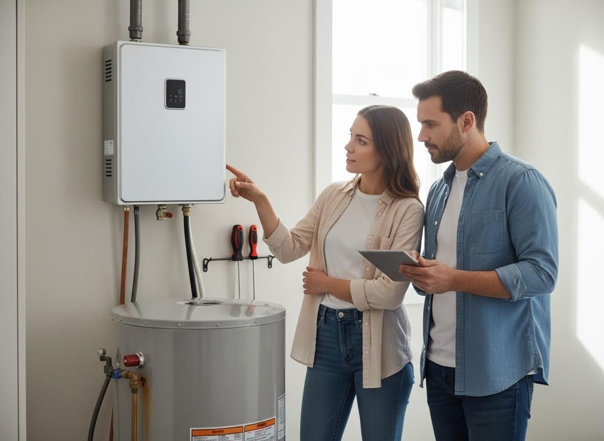 Couple Examining Tankless and Traditional Water Heaters