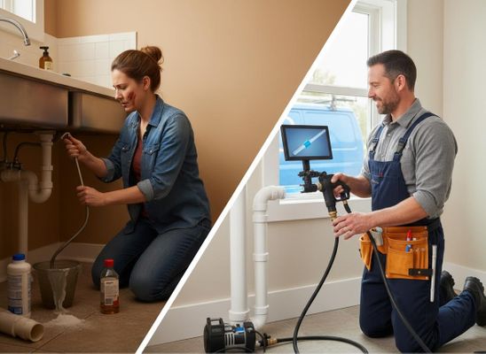 A frustrated woman attempts to unclog a messy sink drain, contrasted with a smiling plumber using an advanced pipe inspection camera. DIY Plumbing Challenge vs. Professional Pipe Inspection