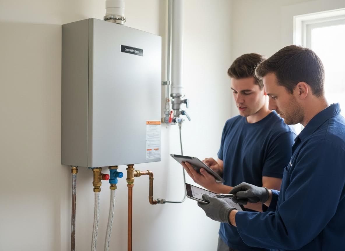Technicians inspecting a tankless water heater with tablets