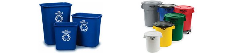 Image of various sizes of trash cans and recycle bins