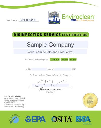 Image of a sample Disinfection Service Cerification