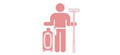 Icon of person holding a mop next to a cleaning cart