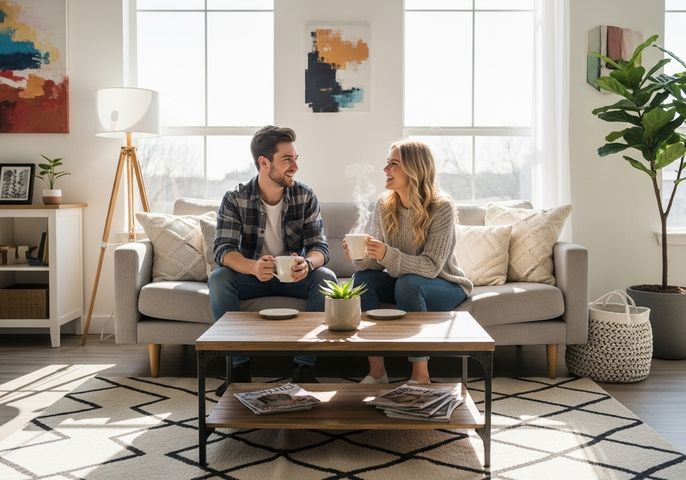 Two happy roommates sharing coffee in a bright, modern living room
