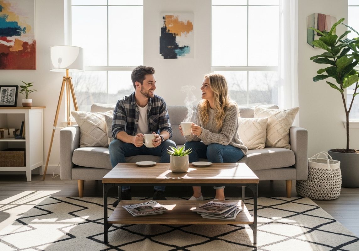 Two happy roommates sharing coffee in a bright, modern living room Two happy roommates sharing coffee in a bright, modern living room