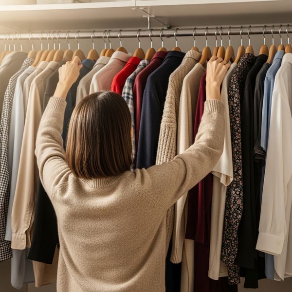 person hanging clothes up in a closet