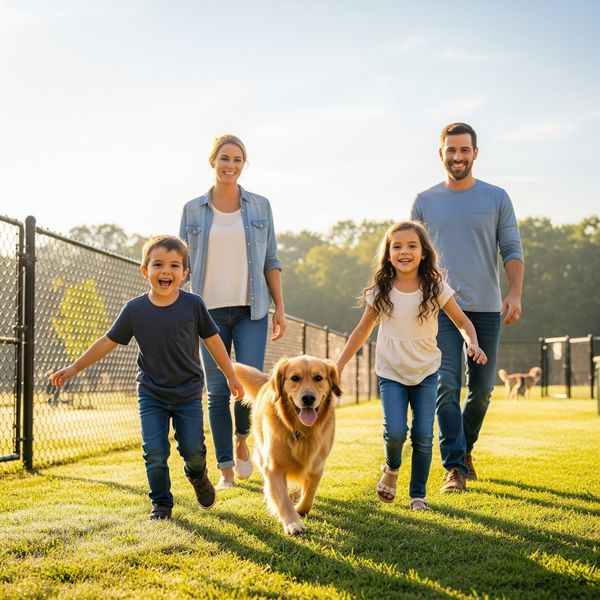 family walking a dog in a dog park