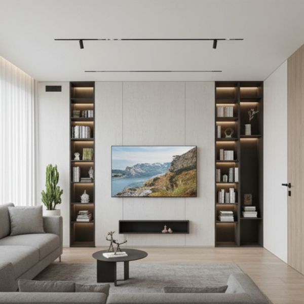 living room with a large TV and built-in vertical shelving on either side living room with a large TV and built-in vertical shelving on either side