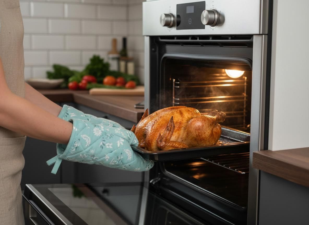 person putting food into an oven