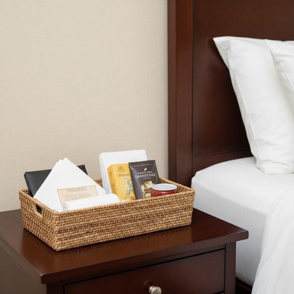 A woven basket containing neatly folded towels and travel-sized toiletries sits on a wooden nightstand next to a bed. A woven basket containing neatly folded towels and travel-sized toiletries sits on a wooden nightstand next to a bed.