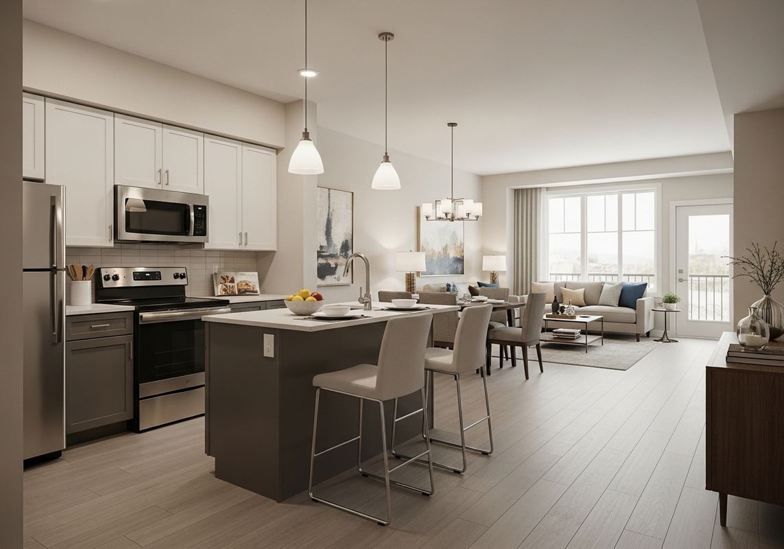 apartment interior showing the flow from kitchen to living area