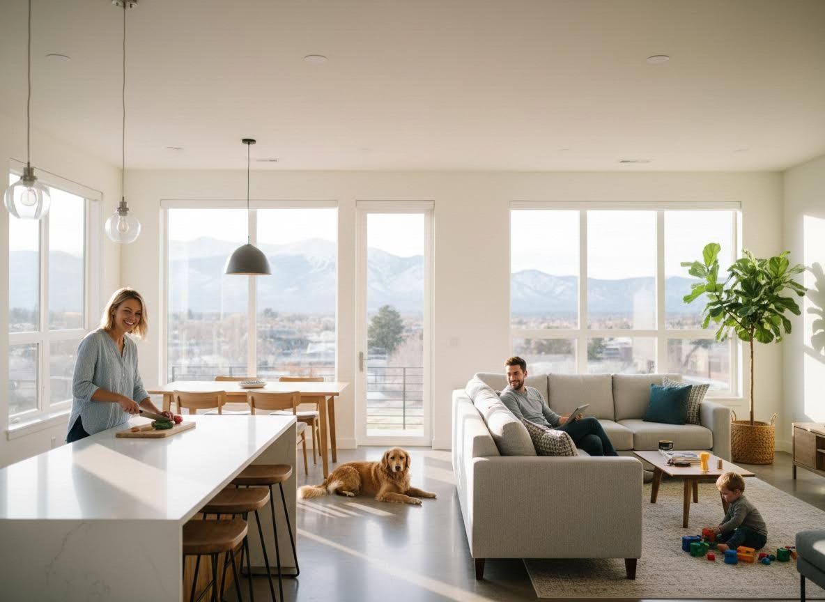 Family enjoying a bright open-plan home with mountain views