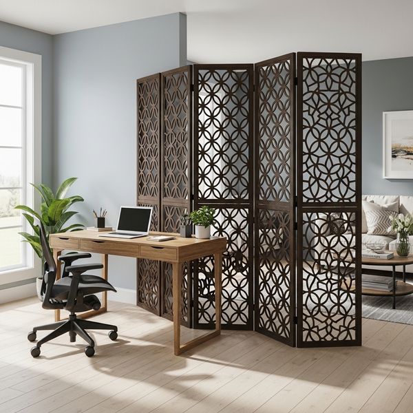A decorative folding screen room divider separating a home office area 