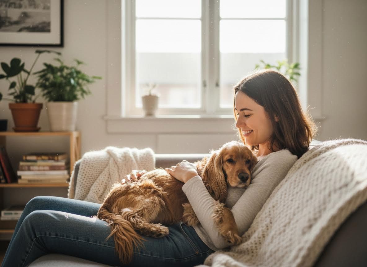 person cuddling their cocker spaniel in their apartment