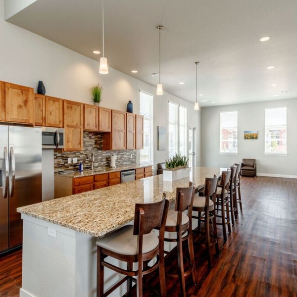 clubhouse with large kitchen and countertop seating