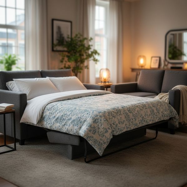 Clean white bedding and a patterned duvet are neatly placed on a sofa bed in a warm living room. Clean white bedding and a patterned duvet are neatly placed on a sofa bed in a warm living room.