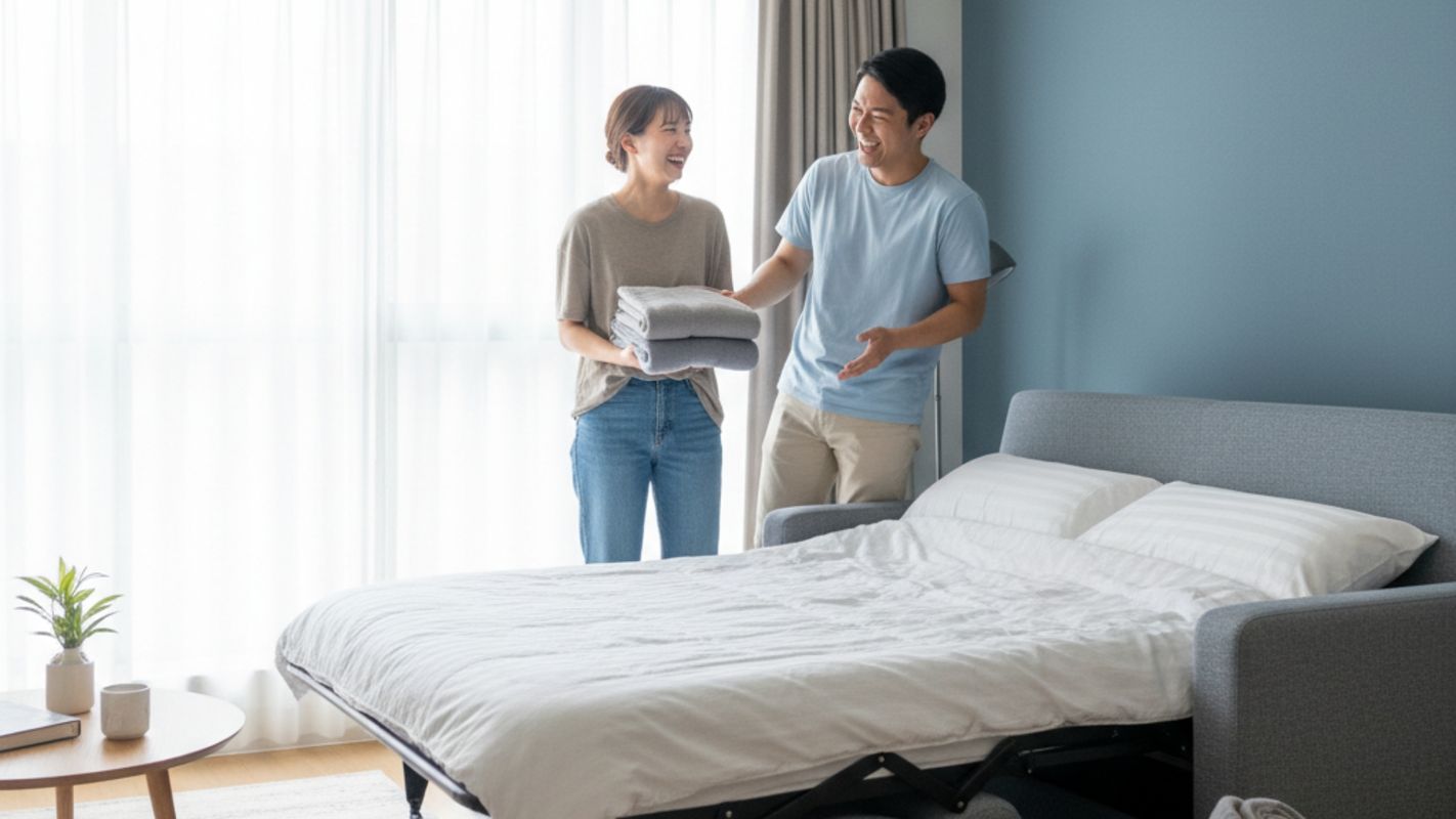Young couple laughing while preparing to host guests in an apartment