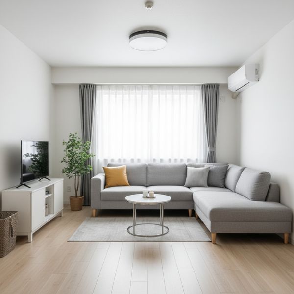 Clean, minimalist living room with organized items and ample open space Clean, minimalist living room with organized items and ample open space